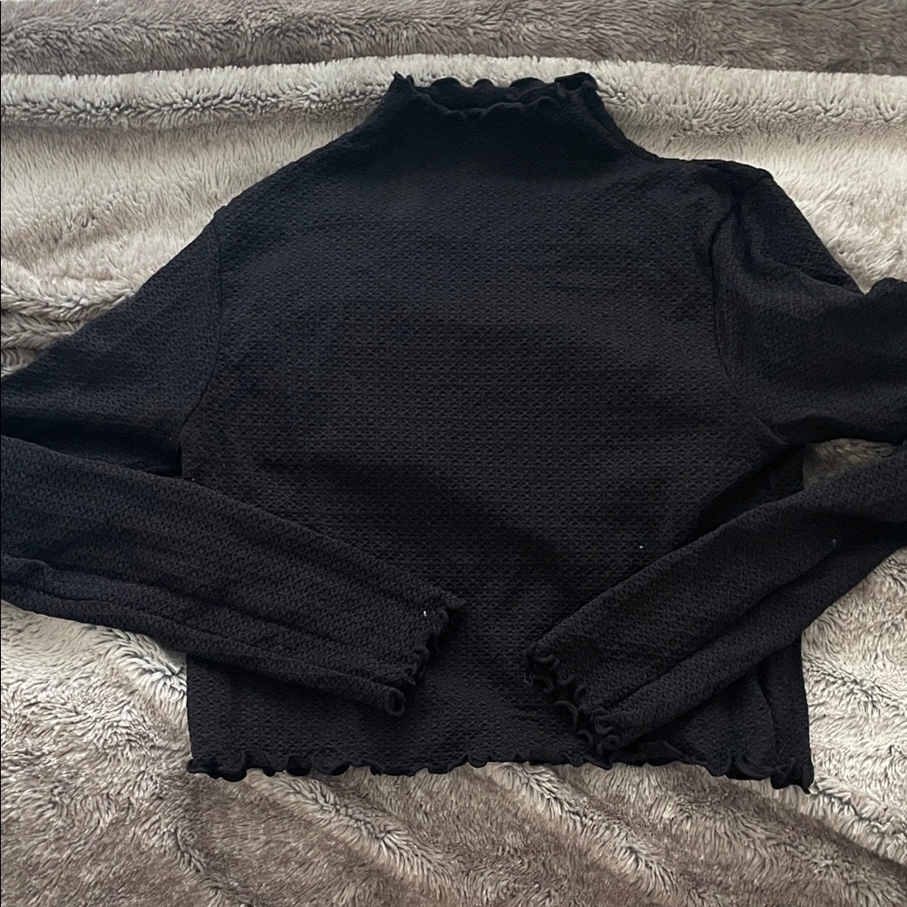 Garage Black Mock Neck Lettuce-Edge Long Sleeve Top